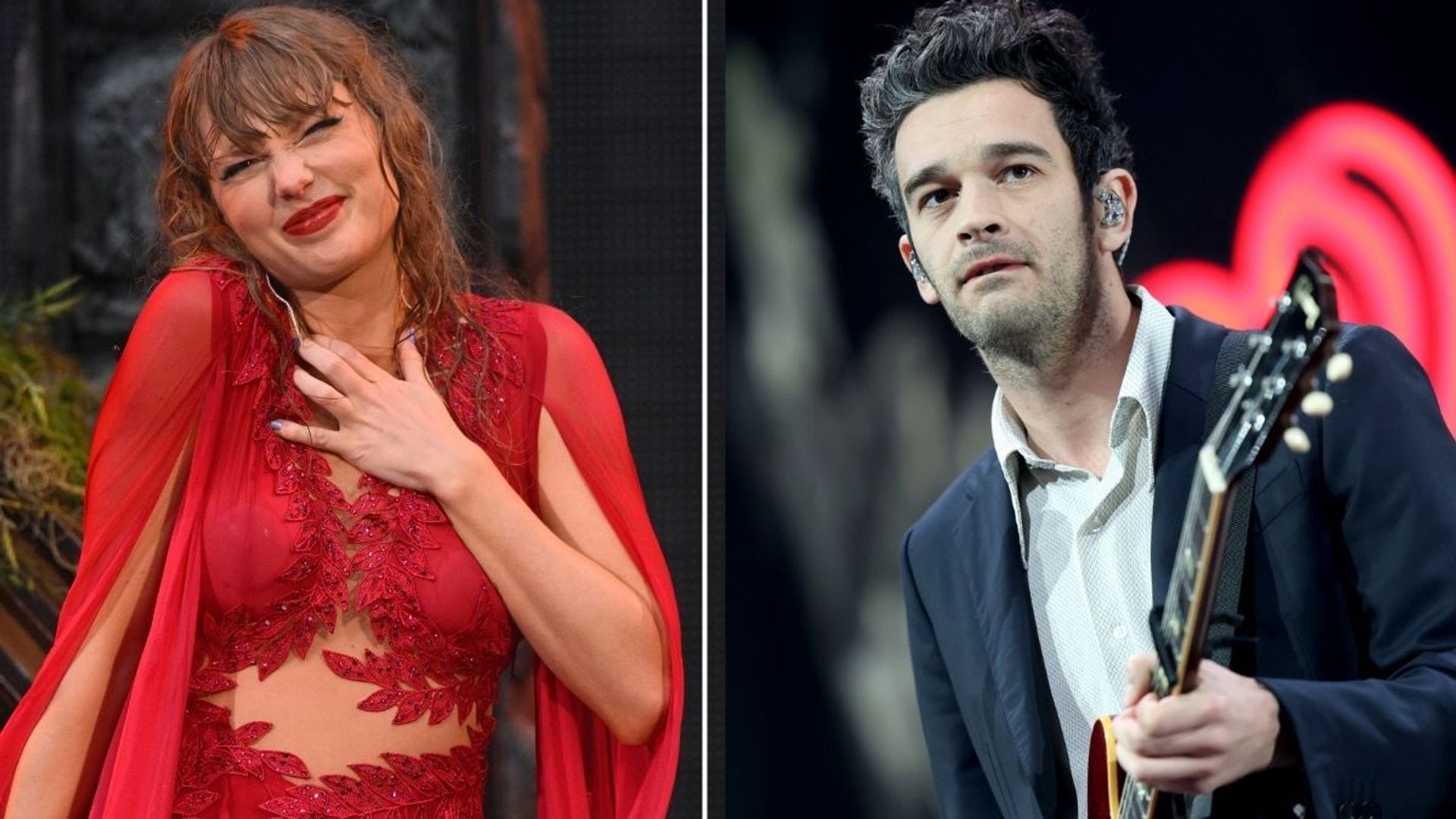 split screen photo of Matty Healy and Taylor Swift
