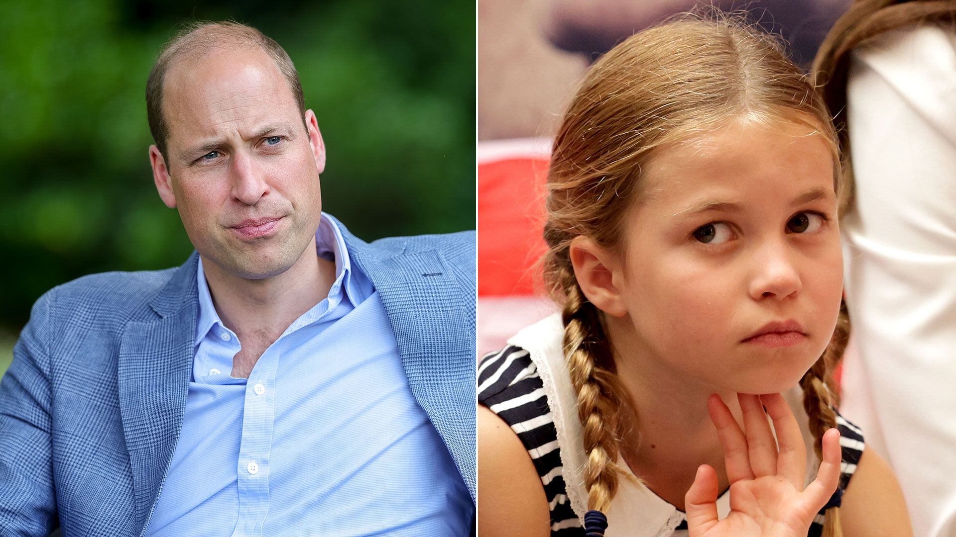 Prince William in shirt looking pensive beside serious looking princess charlotte in striped dress