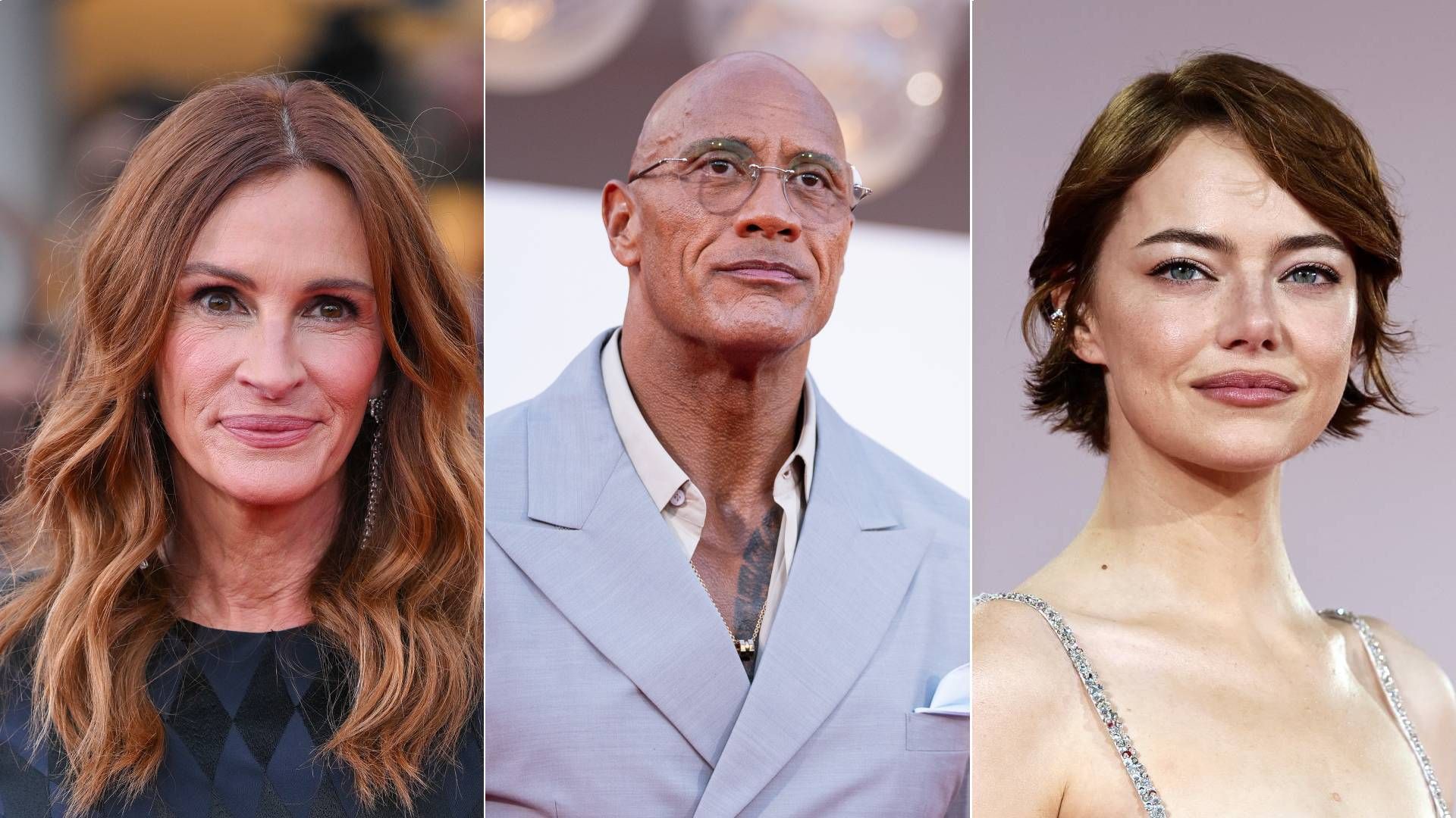 Julia Roberts; Dwayne Johnson; Emma Stone pose on the red carpet at the 82nd Venice Film Festival