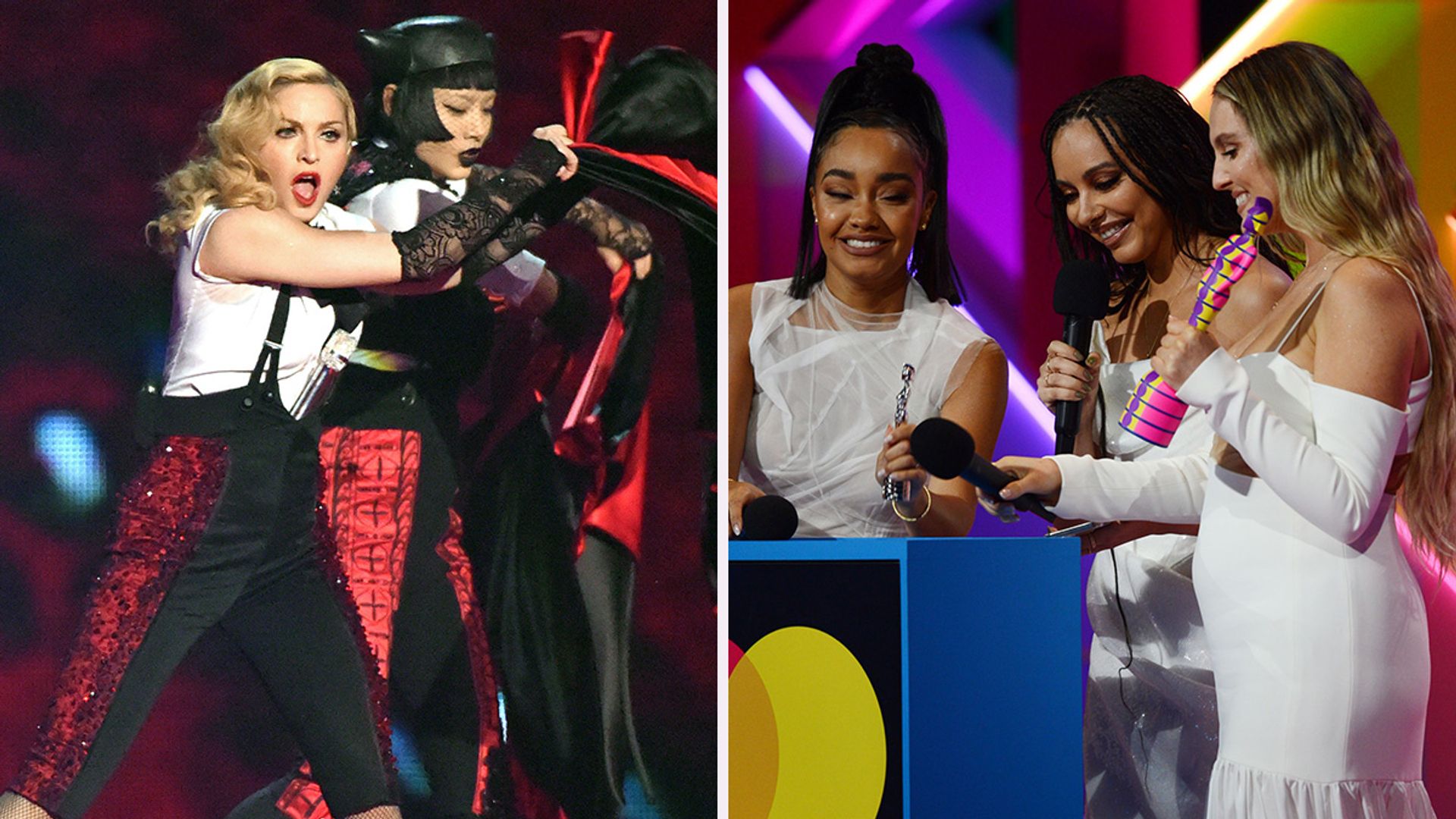 Woman performing on stage, three women accepting award