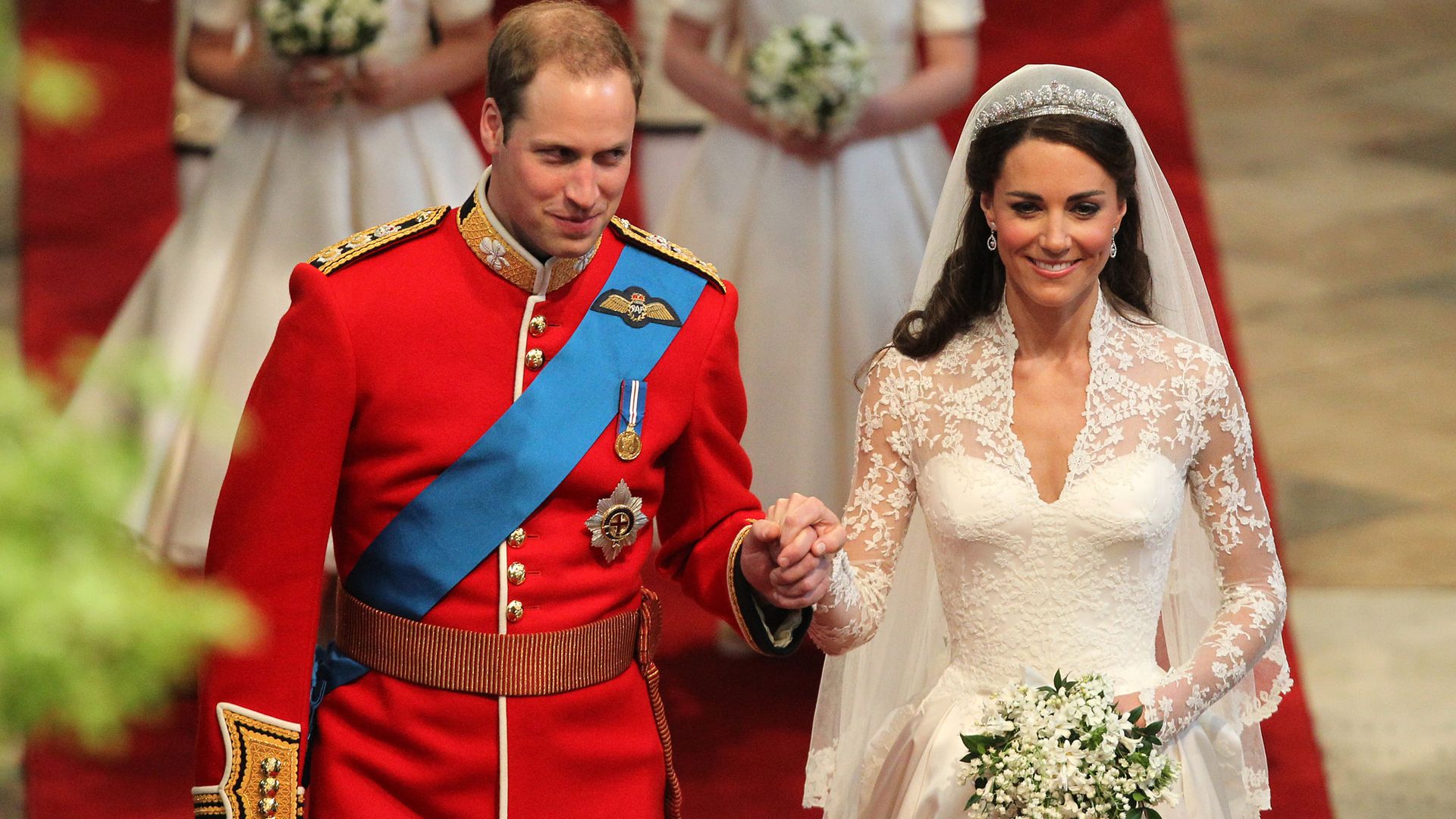 LONDON, ENGLAND - APRIL 29:   Prince William, Duke of Cambridge and Catherine, Duchess of Cambridge leave Westminster Abbey following their marriage ceremony, on April 29, 2011 in London, England.  The marriage of Prince William, the second in line to the British throne, to Catherine Middleton is being held in London today. The Archbishop of Canterbury conducted the service which was attended by 1900 guests, including foreign Royal family members and heads of state. Thousands of well-wishers from around the world have also flocked to London to witness the spectacle and pageantry of the Royal Wedding and street parties are being held throughout the UK.   (Photo by  David Jones- WPA Pool/Getty Images)