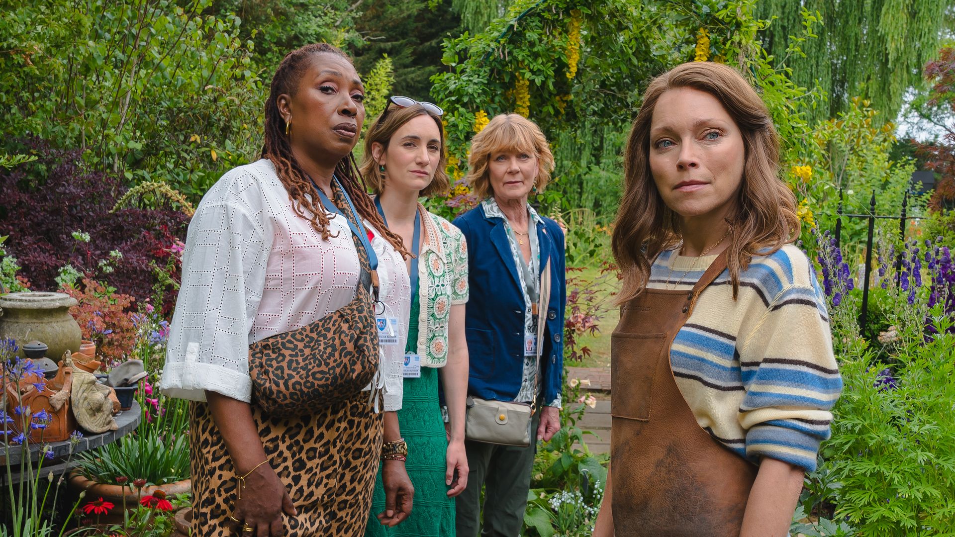 Suzie Harris (Jo Martin), Becks Starling (Cara Horgan), Judith Potts (Samantha Bond) and Sophia (Sarah Alexander) in The Marlow Murder Club