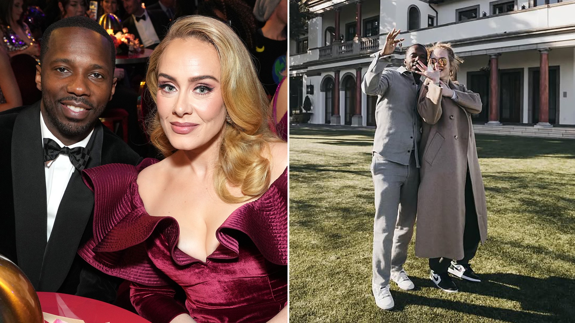 Split image showing Adele and Rich Paul at the Grammys and outside their Beverly Hills home