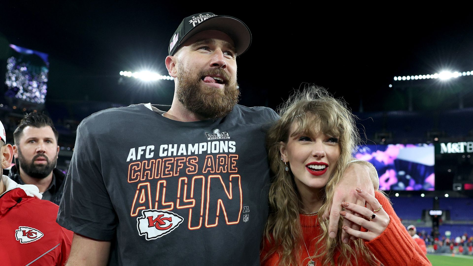 Travis Kelce celebrates with Taylor Swift