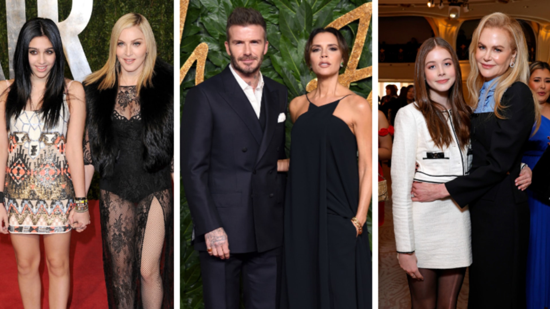 Madonna, Lourdes Leon on the left, Victoria and David Beckham iin the middle, Nicole Kidman and Sunday on the right 