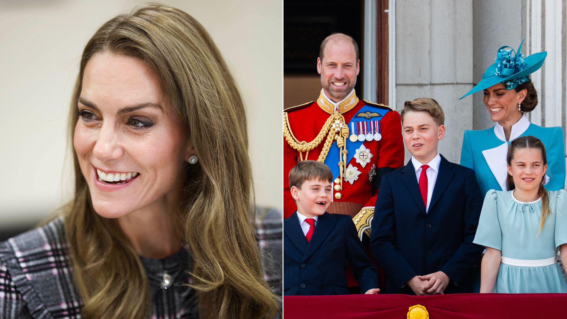 Kate wearing checked dress and Waleses on balcony at Trooping the Colour