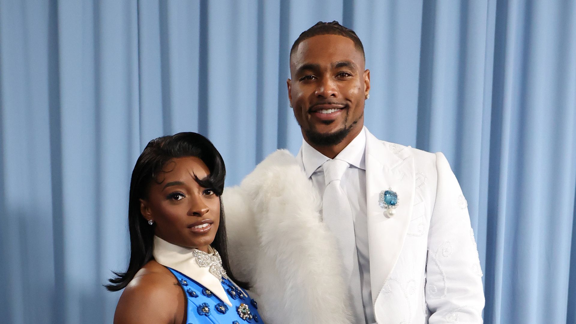 Simone Biles and Jonathan Owens attend the 2025 Met Gala Celebrating "Superfine: Tailoring Black Style" at Metropolitan Museum of Art on May 05, 2025 in New York City