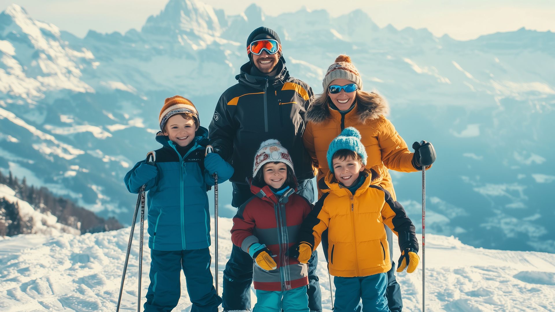 A family posing at the top of the mountain on a skiing holiday