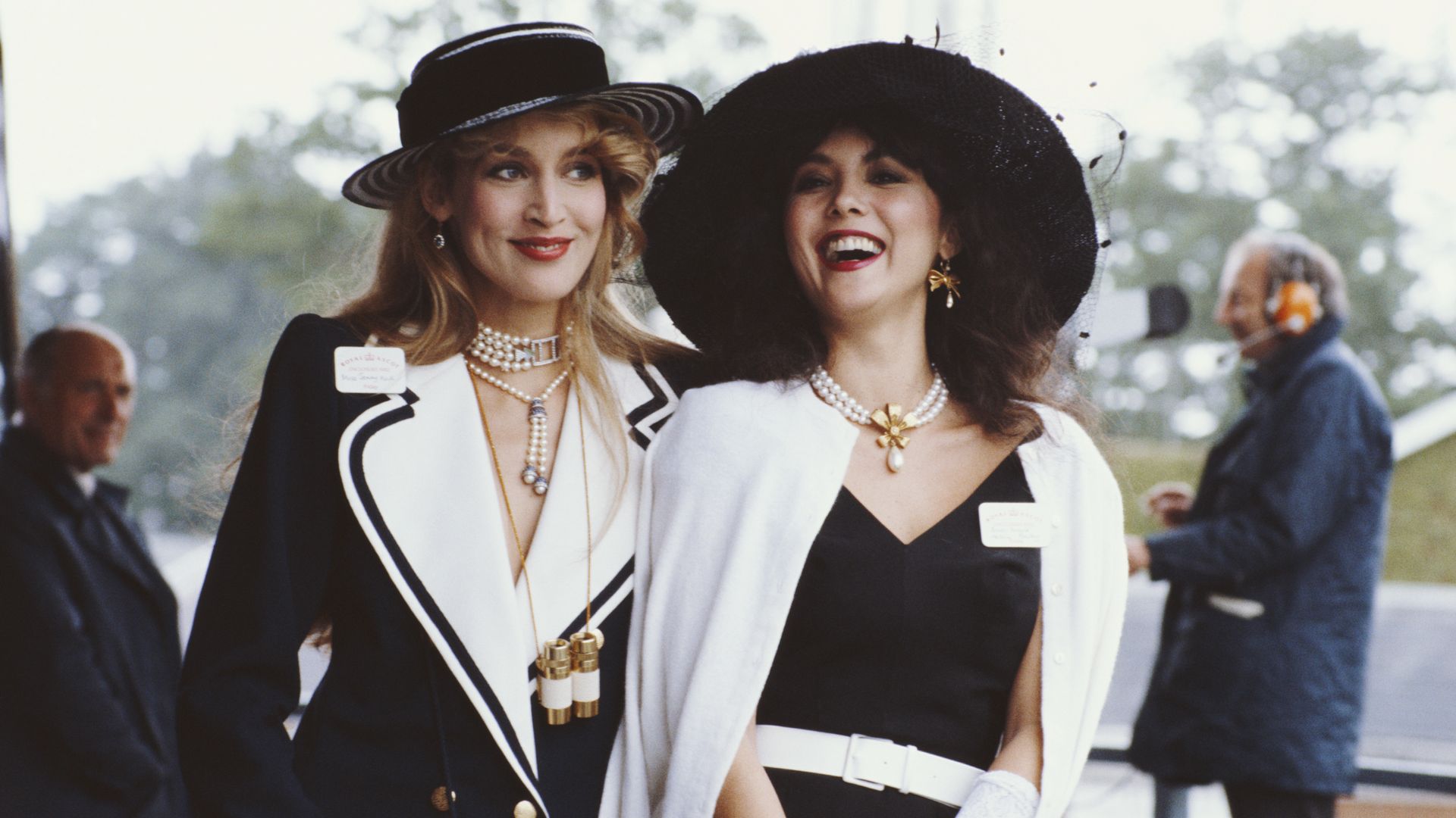 1982:  Hawaiian born model, Marie Helvin, with the American model and wife of Mick Jagger, Jerry Hall, at Royal Ascot.  (Photo by Hulton Archive/Getty Images)