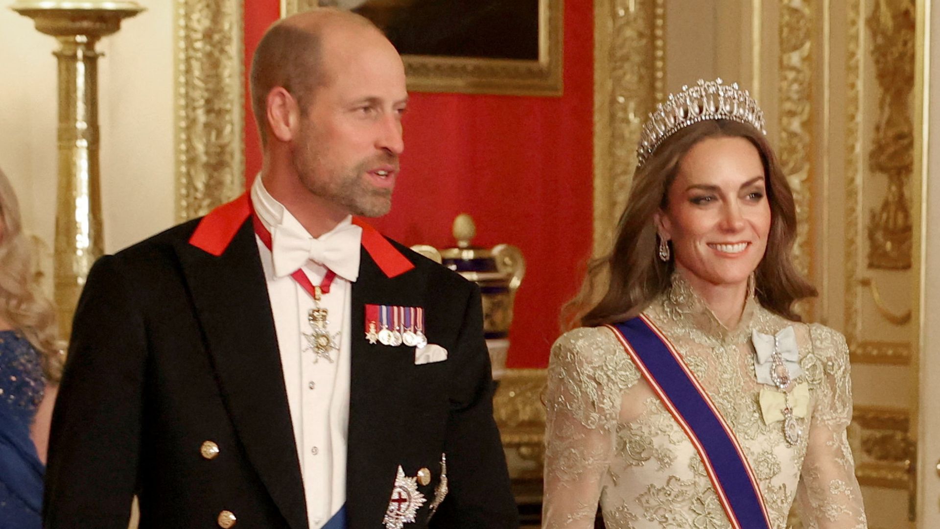 The Prince and Princess of Wales walk to attend the State Banquet at Windsor Castle 