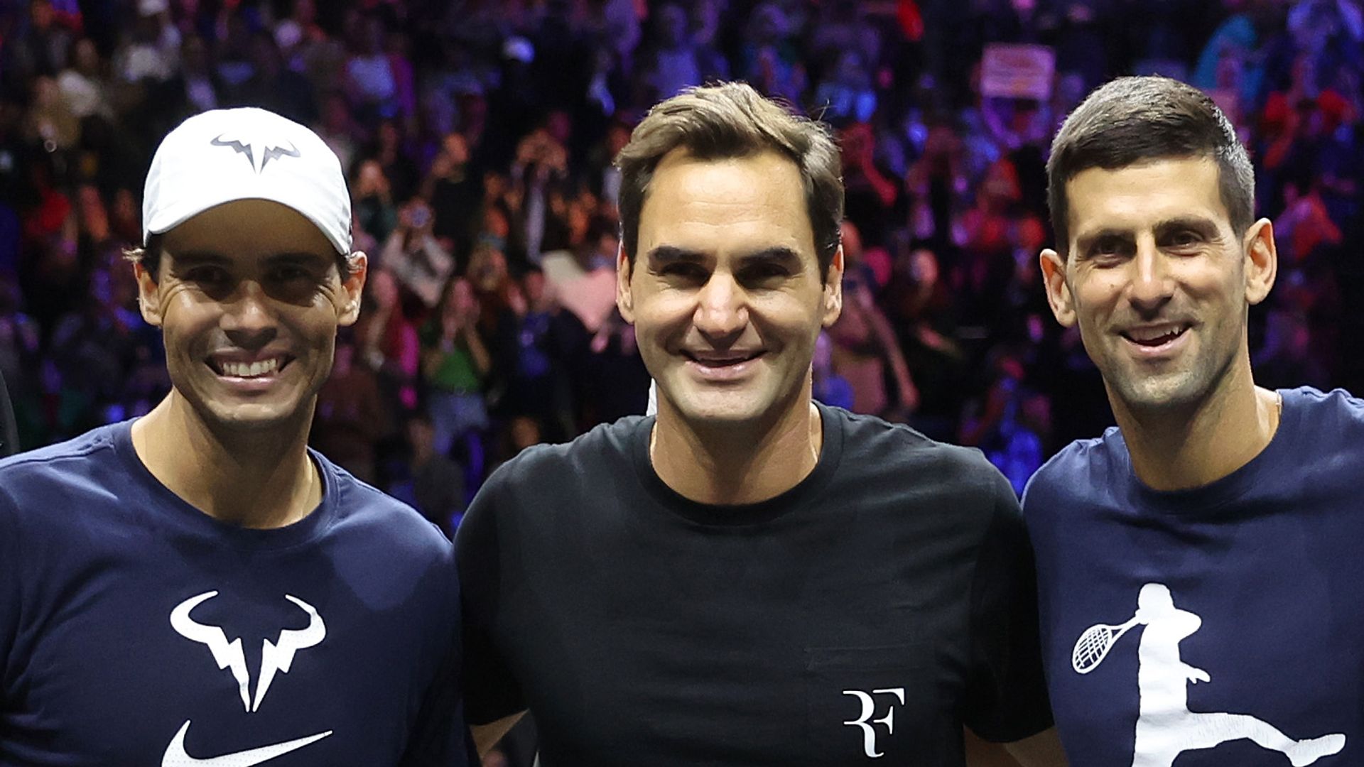 Rafael Nadal, Roger Federer, Novak Djokovic and Andy Murray of Team Europe pose for a photograph following a practice session on centre court ahead of the Laver Cup at The O2 Arena on September 22, 2022 in London, England