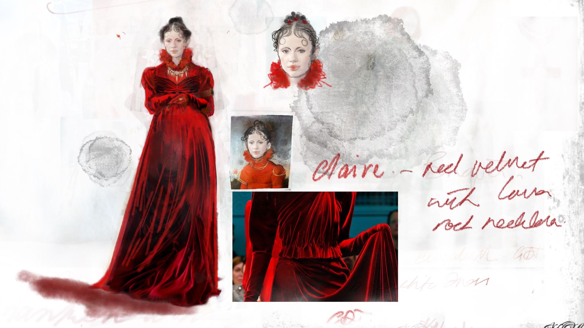 Desain gaun merah Kate Hawley