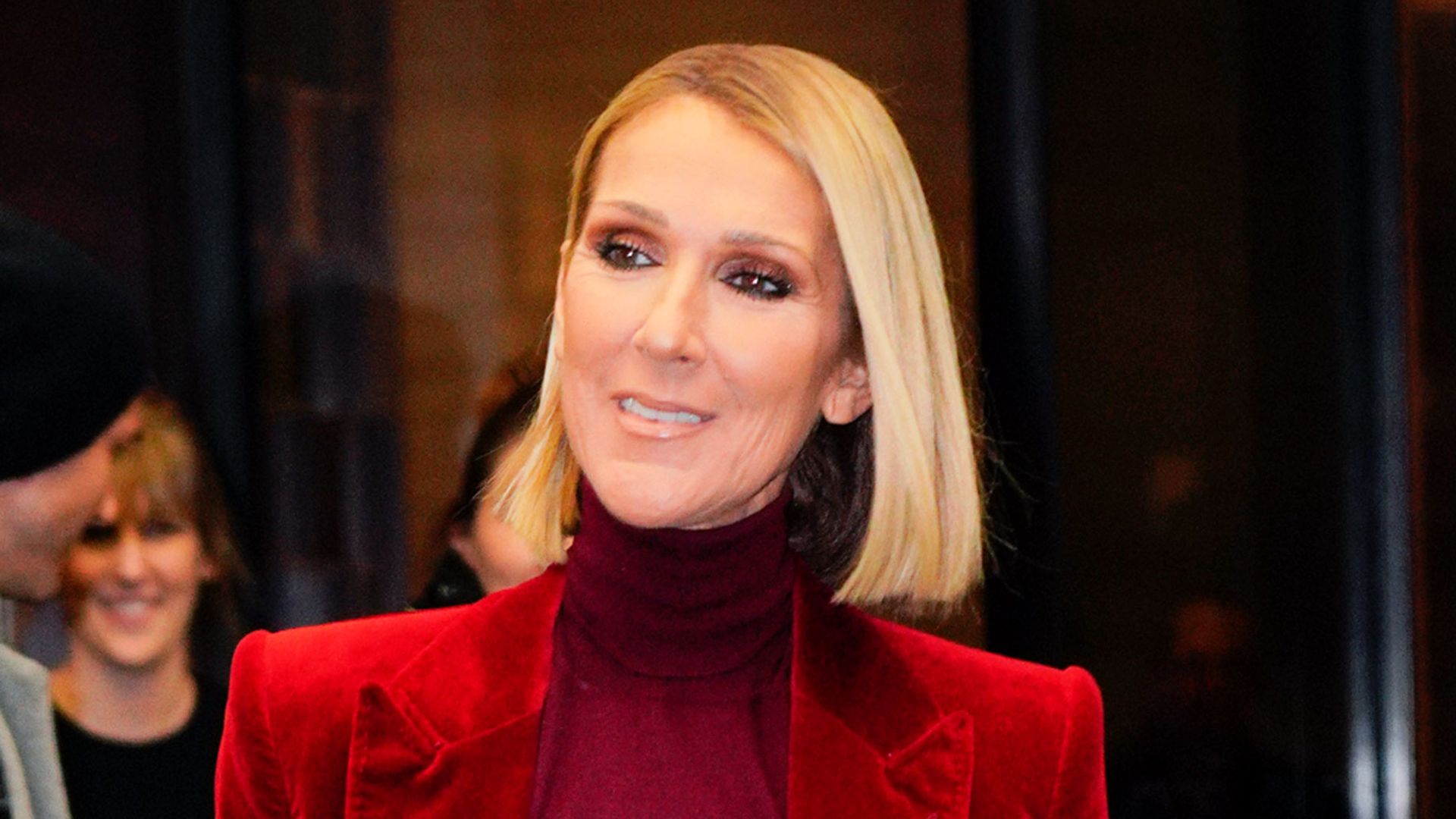 eline Dion heads to Fallon Show in red velvet and silk suit on November 14, 2019 in New York City. 