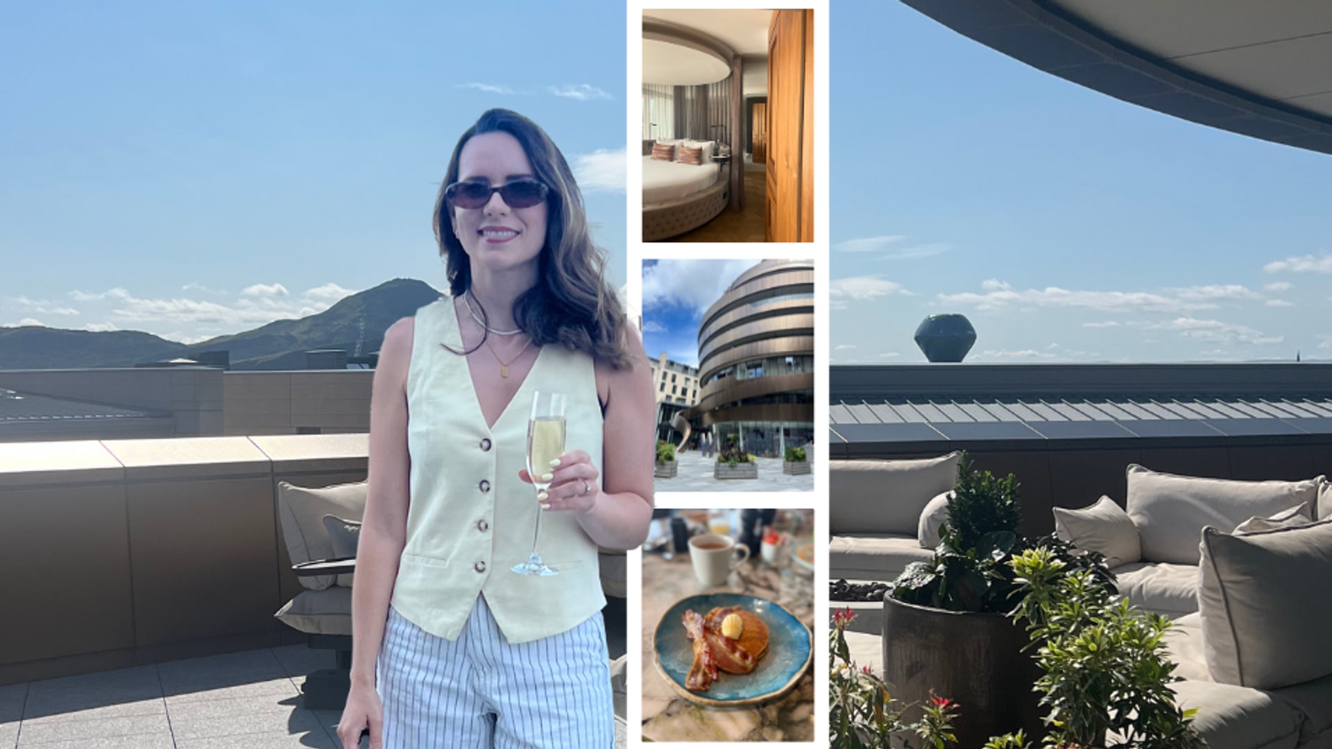woman with champagne on hotel balcony