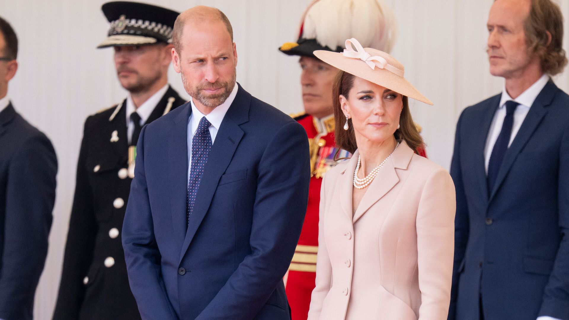 Prince William and the Princess of Wales during the formal welcome at the Royal Dais