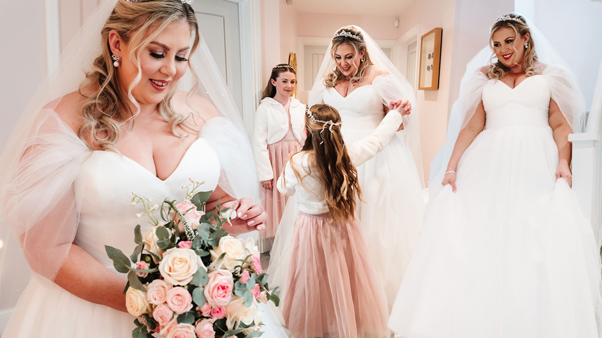 Collage of Louise Pentland on her wedding day