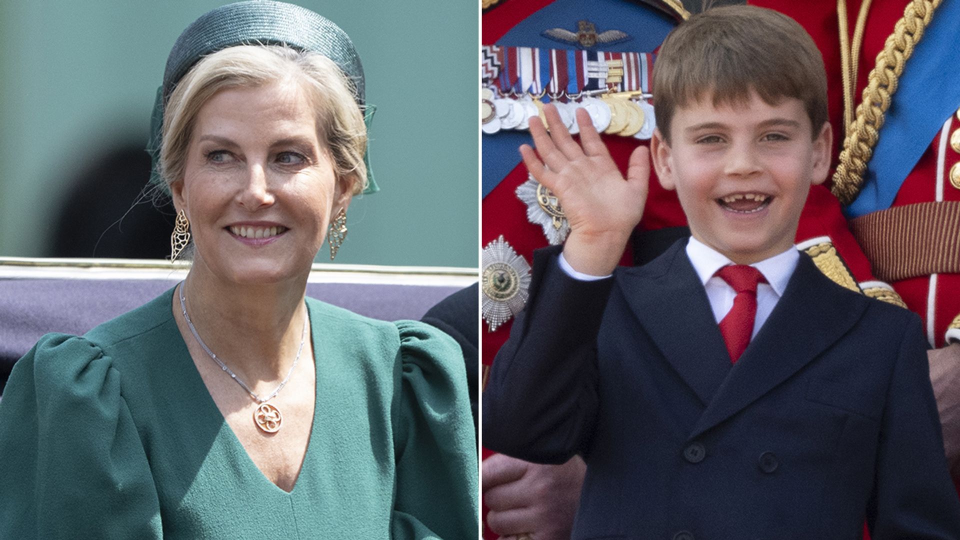 Split image of Duchess Sophie and Prince Louis waving