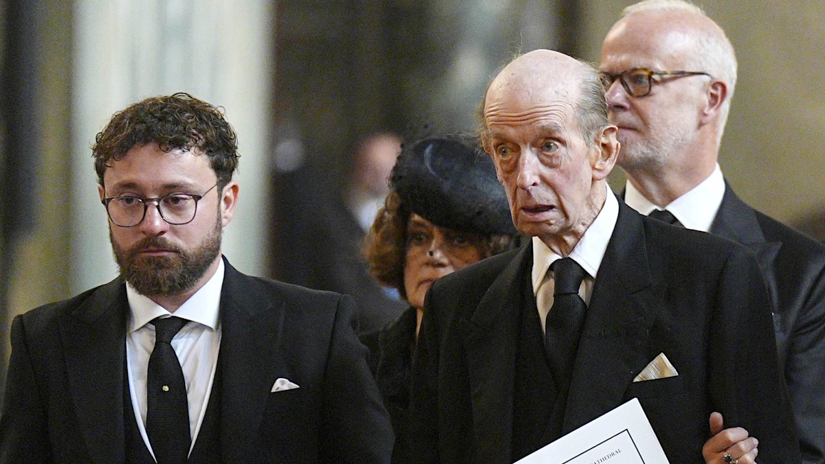Duke of Kent and Lord Downpatrick leaving Duchess of Kent funeral