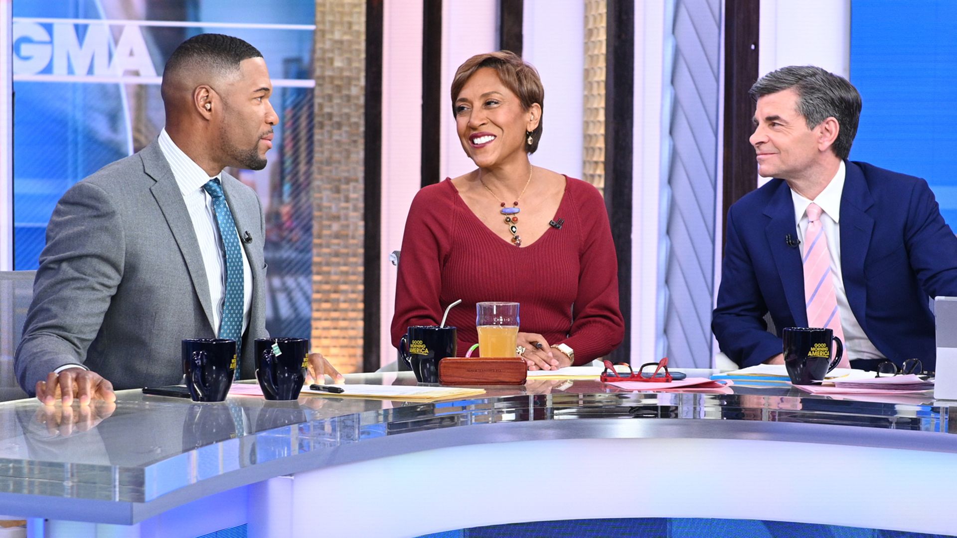 Michael Strahan hosts GMA with Robin Roberts and George Stephanopoulos