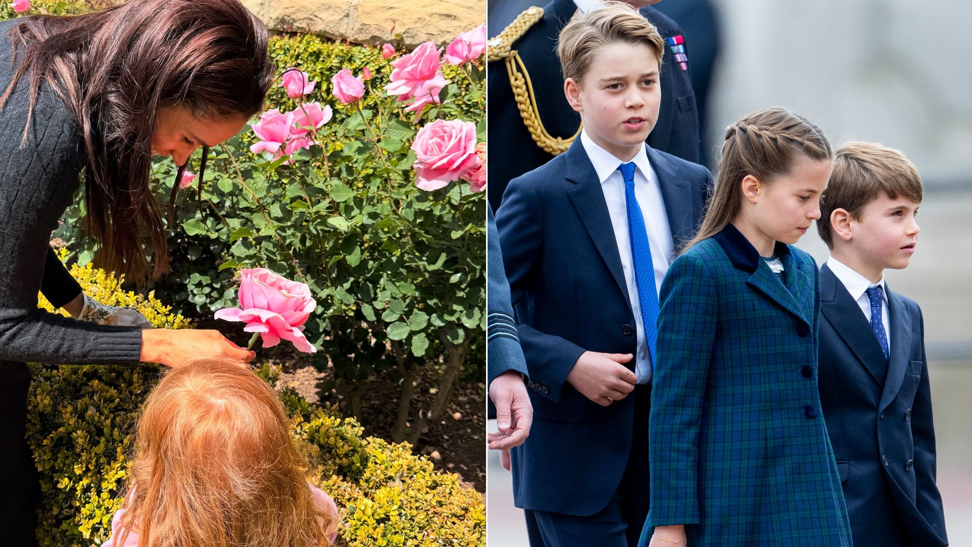 Lilibet picking roses in garden with Meghan, and George, Charlotte and Louis on VE Day
