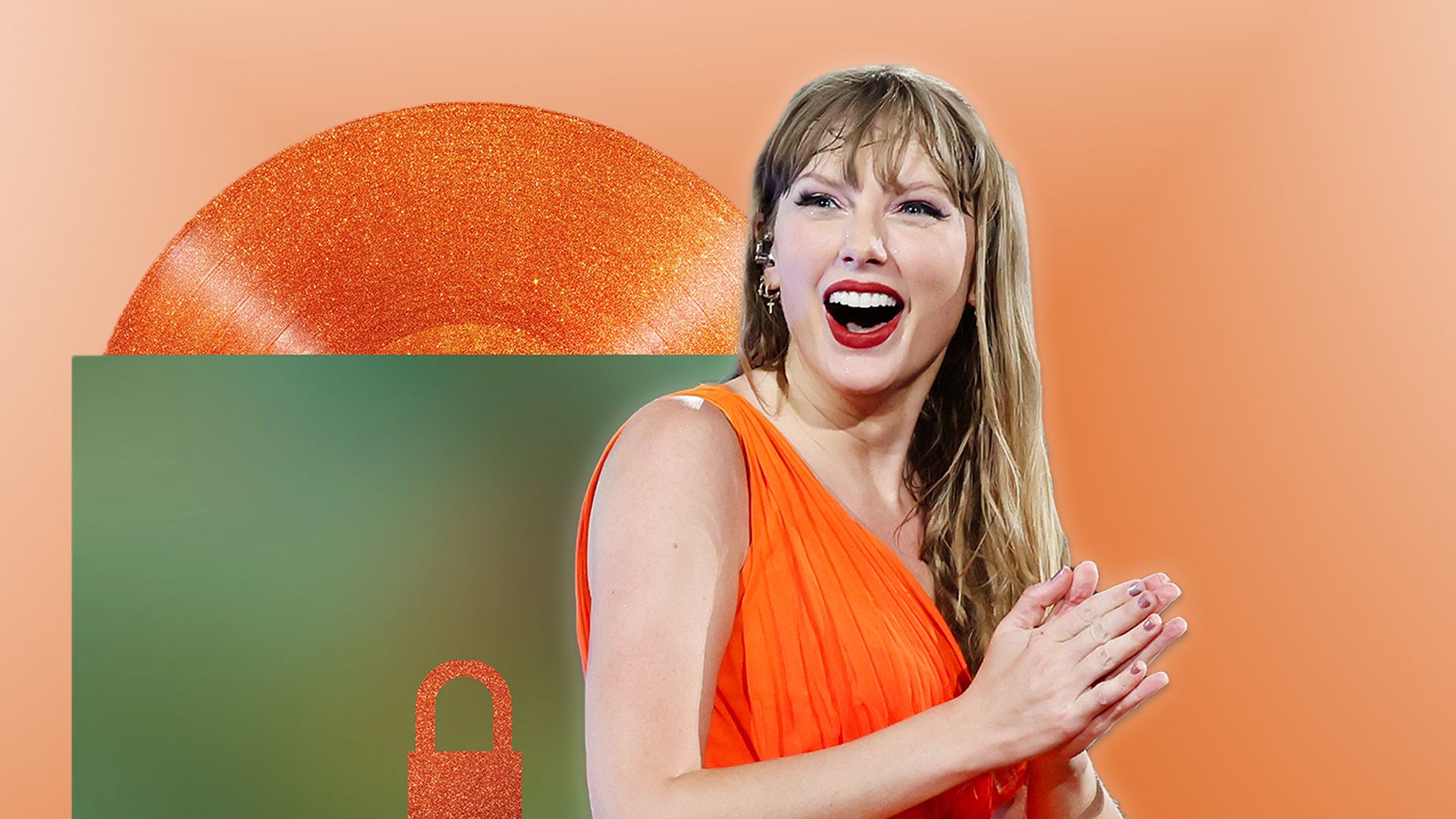 Composite images of Taylor Swift sitting at a piano in orange, with an orange vinyl with a green sleeve behind her