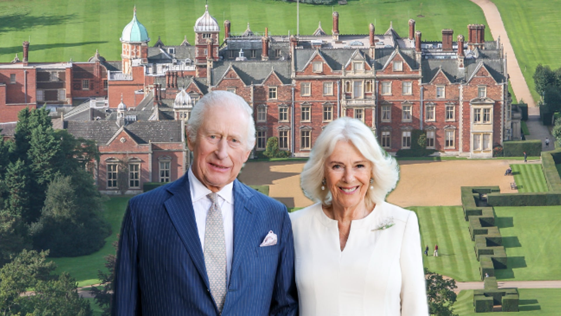 king charles and camilla in front of sandringham 