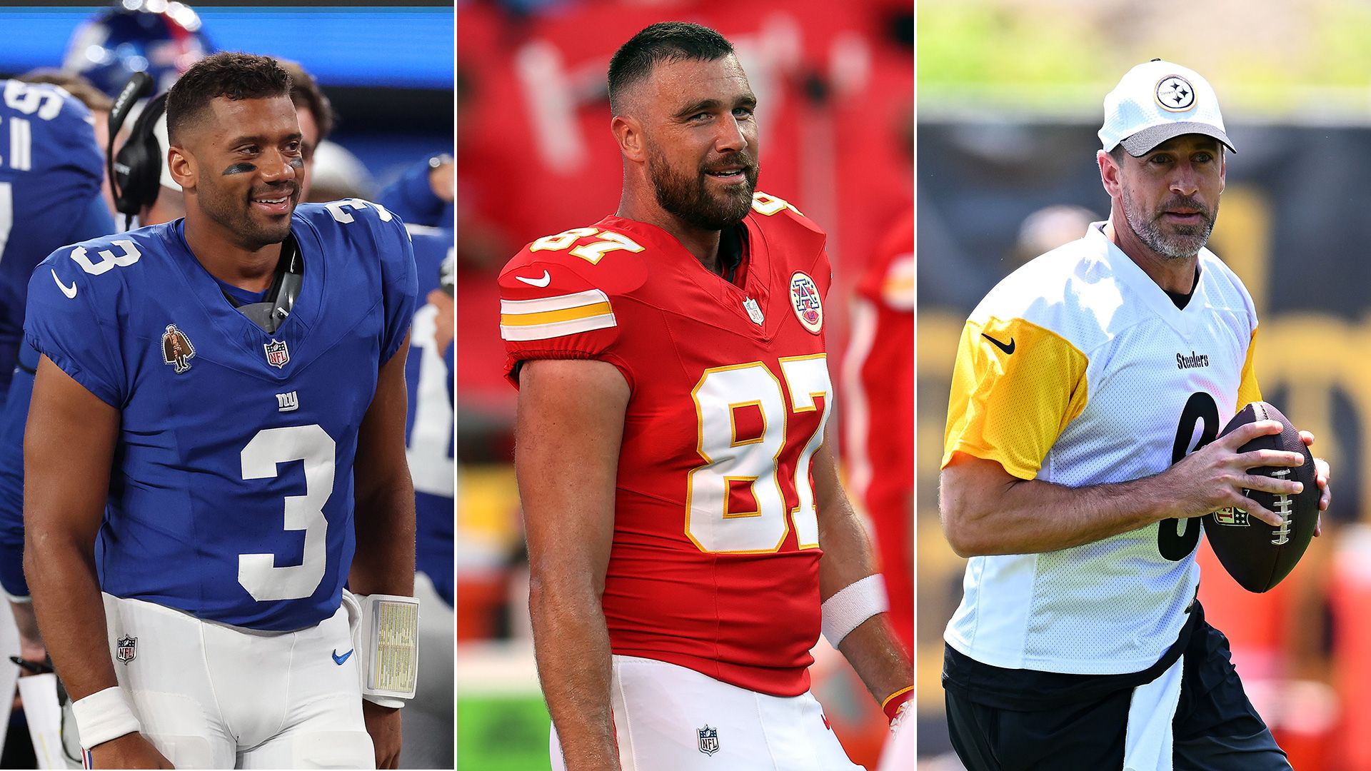 split photo of russell wilson travis kelce aaron rodgers in team jersey