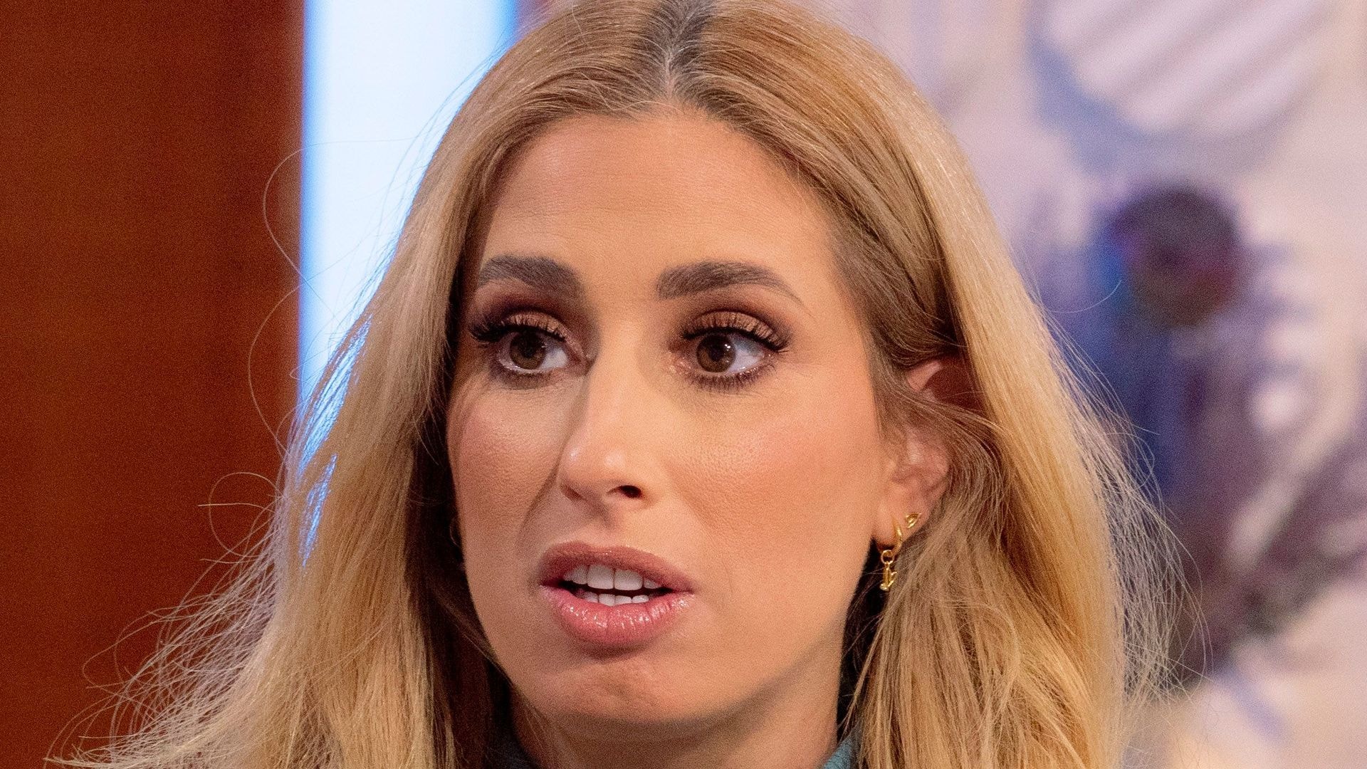 stacey solomon in blue ribbed dress 