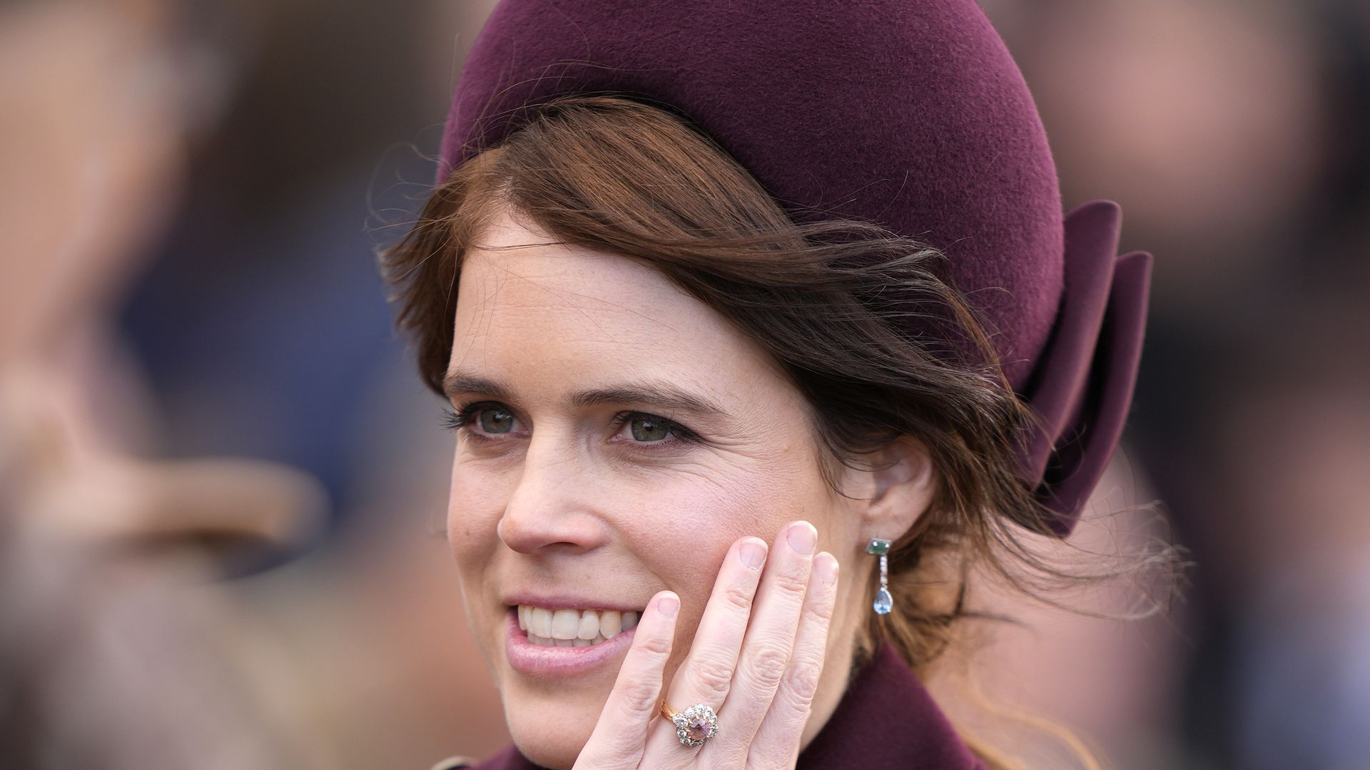 Princess Eugenie wearing a headband on day two of the 2025 Cheltenham Festival at Cheltenham Racecourse. 