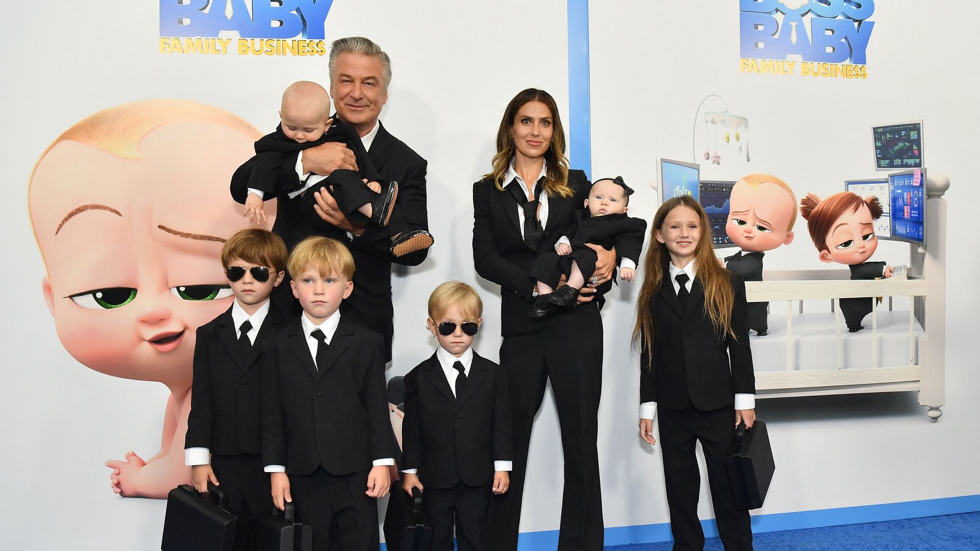 US actor Alec Baldwin (L), wife Hilaria Baldwin (R) and their children attend DreamWorks Animation's "The Boss Baby: Family Business" premiere at SVA Theatre on June 22, 2021 in New York City. (Photo by Angela Weiss / AFP) (Photo by ANGELA WEISS/AFP via Getty Images)
