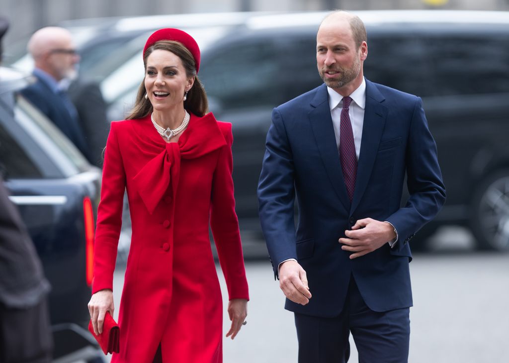 Kate Middleton in red and Prince William in blue