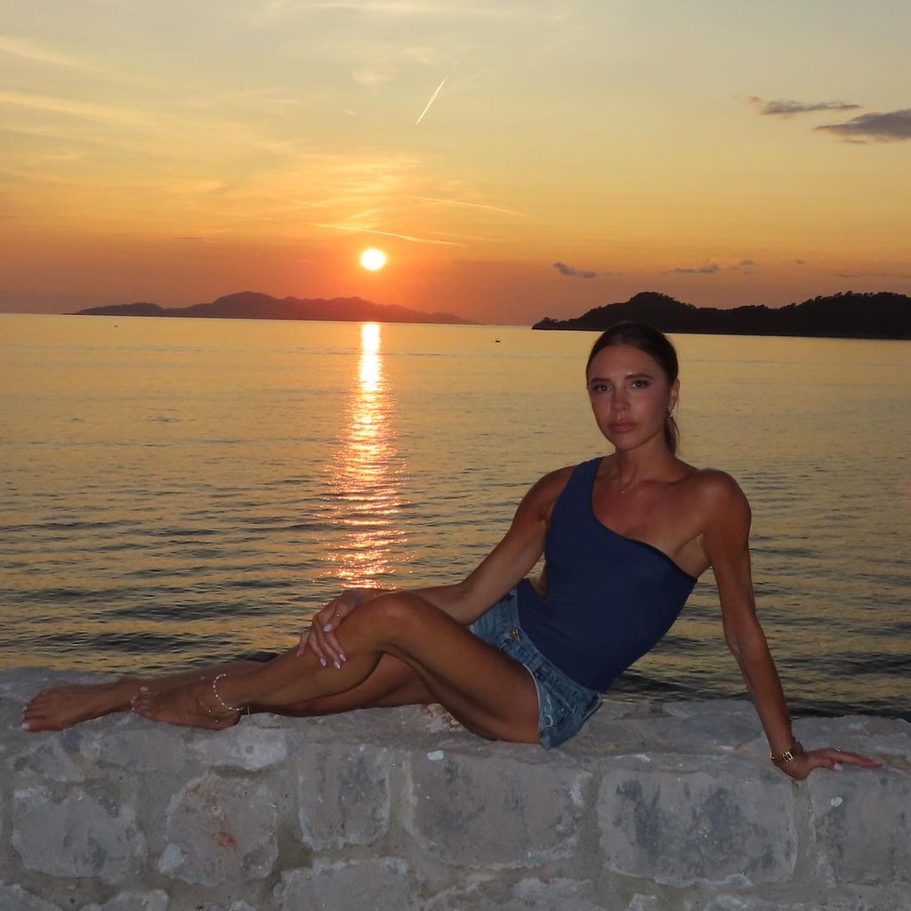 victoria beckham wearing denim shorts in croatia
