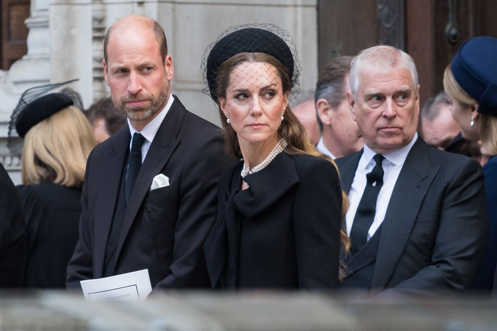 William, Prince of Wales, Catherine, Princess of Wales and Prince Andrew, Duke of York attend Requiem Mass service at Westminster Cathedral for the Duchess of Kent