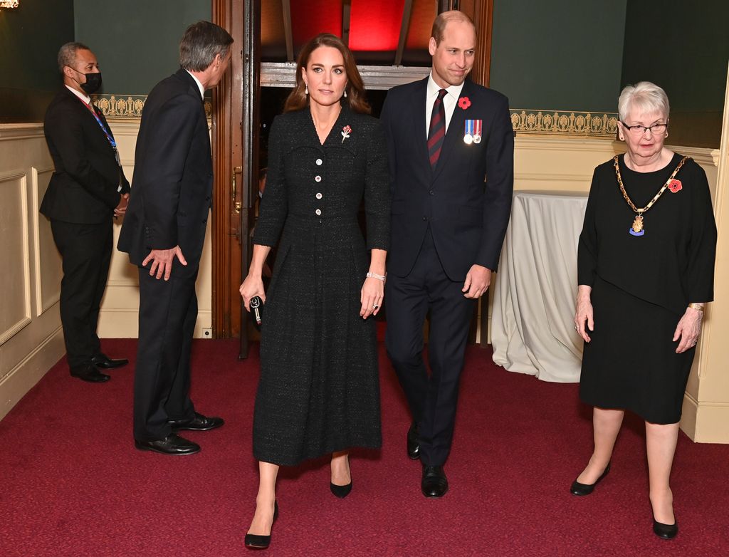 LONDON, ENGLAND - NOVEMBER 13: Prince William, Duke of Cambridge and Catherine, Duchess of Cambridge arrive for the Royal British Legion festival of Remembrance at the Albert Hall on November 13, 2021 in London, England. (Photo by Geoff Pugh - WPA Pool / Getty Images)