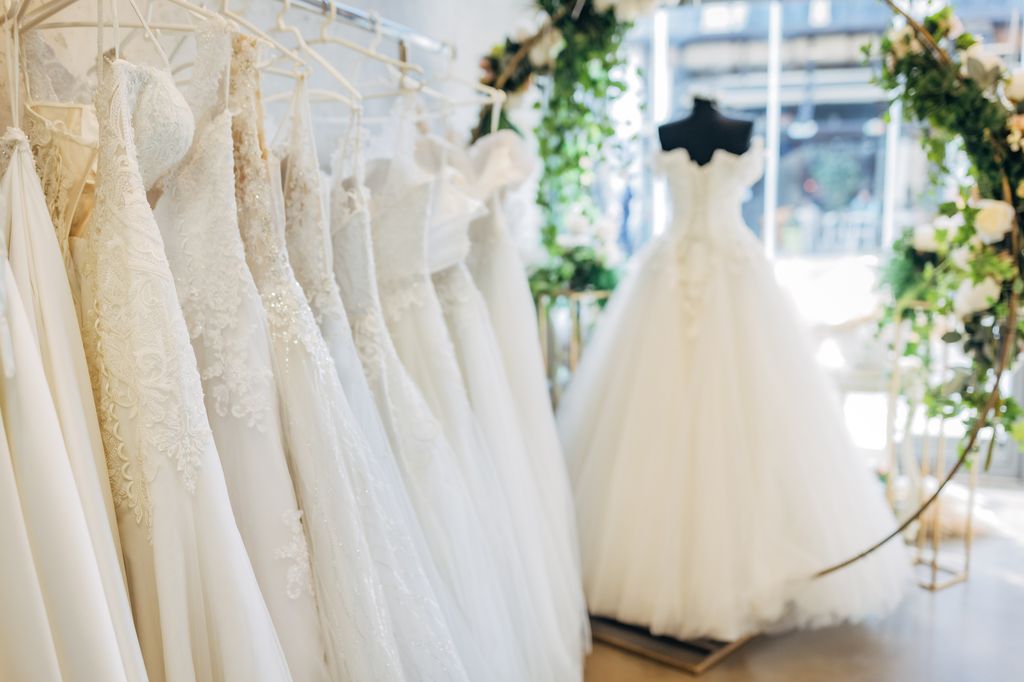wedding dresses in dress shop