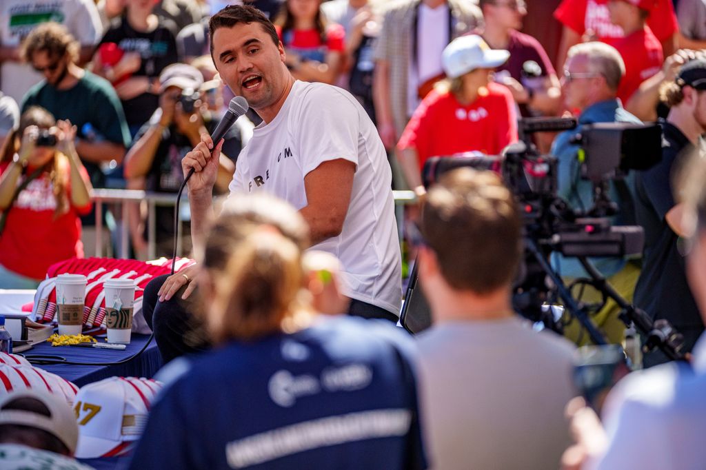 Charlie Kirk speaks at Utah Valley University on September 10, 2025 in Orem, Utah.  Kirk, founder of Turning Point USA, was speaking at his "American Comeback Tour" when he was shot in the neck and killed.