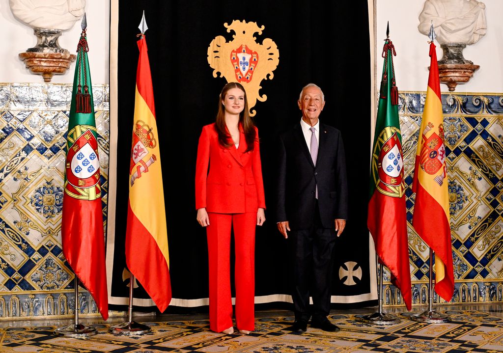 LISBON, PORTUGAL - JULY 12: Portuguese President Marcelo Rebelo de Sousa greets Crown Princess Leonor of Spain in Belem Presidential Palace during the official visit to Portugal by Her Royal Highness the Princess of Asturias on July 12, 2024 in Lisbon, Portugal. This is her first official visit to a foreign country. (Photo by Horacio Villalobos#Corbis/Corbis via Getty Images)