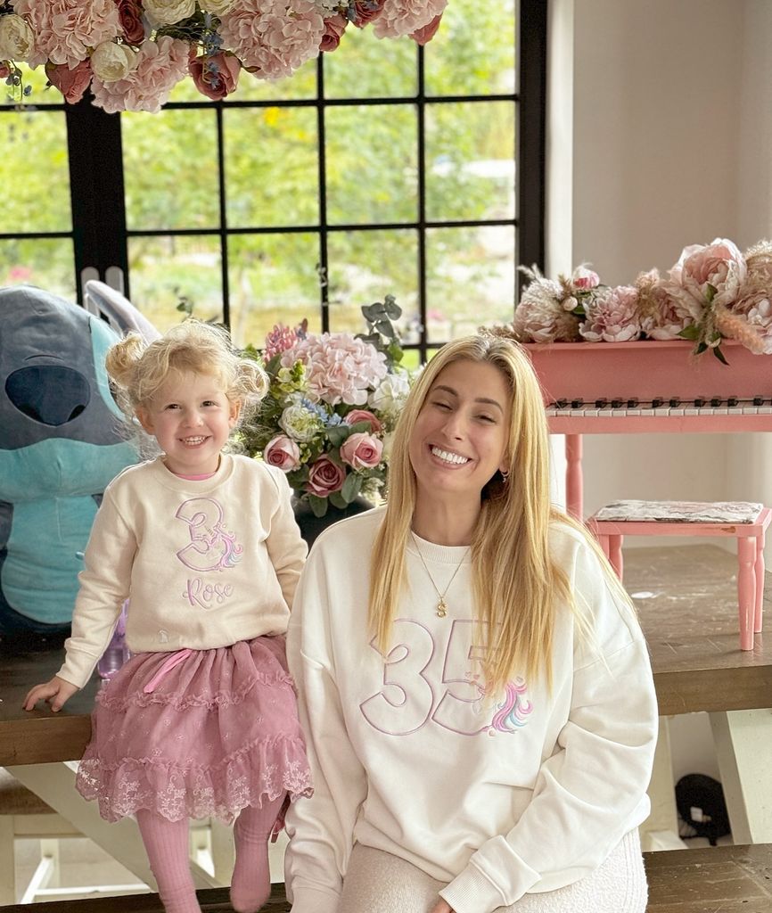 stacey solomon at home wearing matching sweatshirt with daughter rose