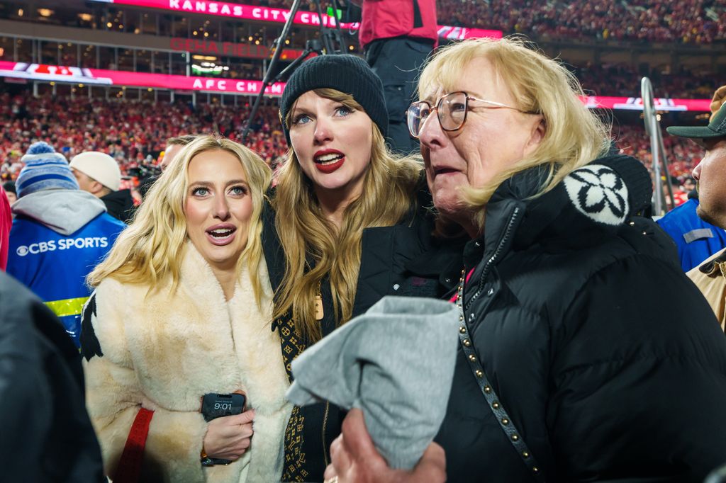 Brittany Mahomes, Taylor Swift and Donna Kelce watch the trophy presentation