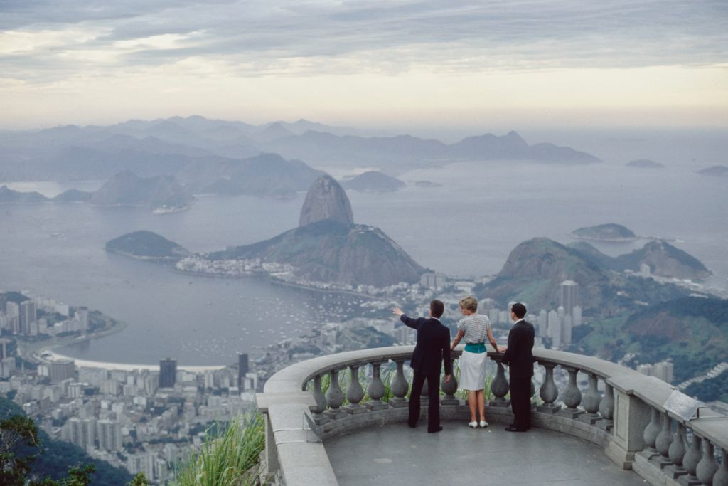 Diana, Princess of Wales admires the view from the Corcovado mountain in the Tijuca National Park, overlooking the city of Rio de Janeiro, Brazil, 25th April 1991