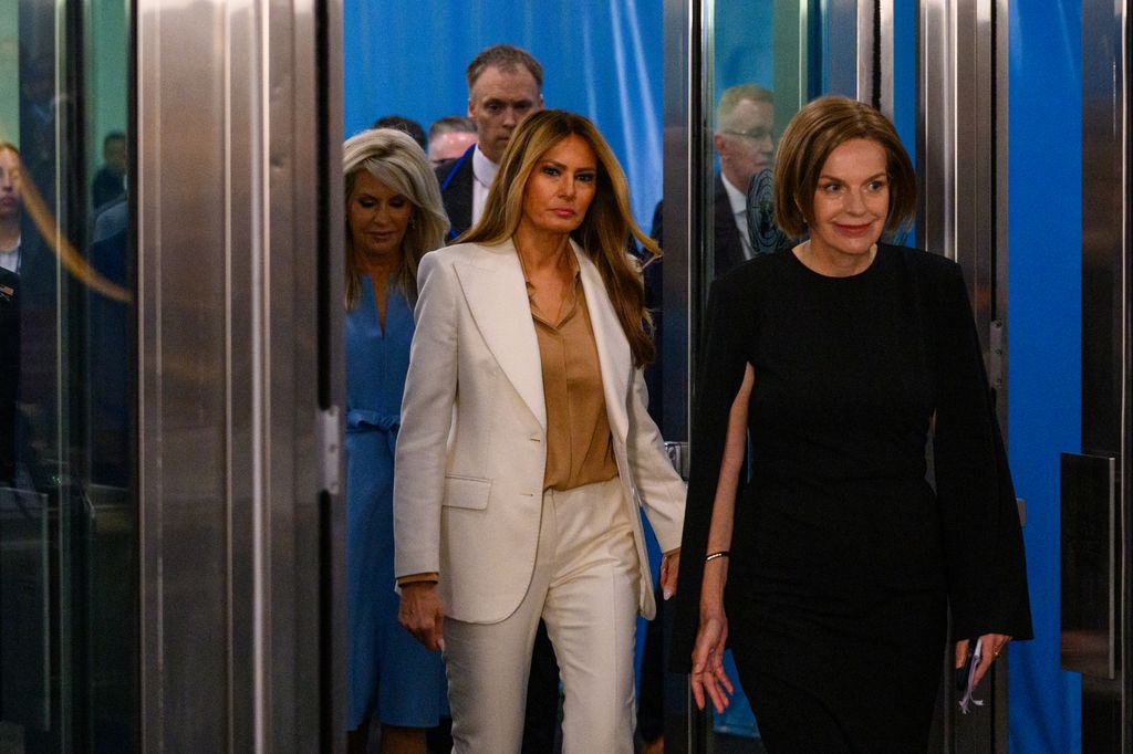 Melania Trump wearing a white Dolce & Gabbana suit