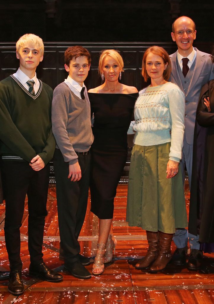 Anthony Boyle, Sam Clemmett, J.K. Rowling, Poppy Miller and Jack Thorne on stage