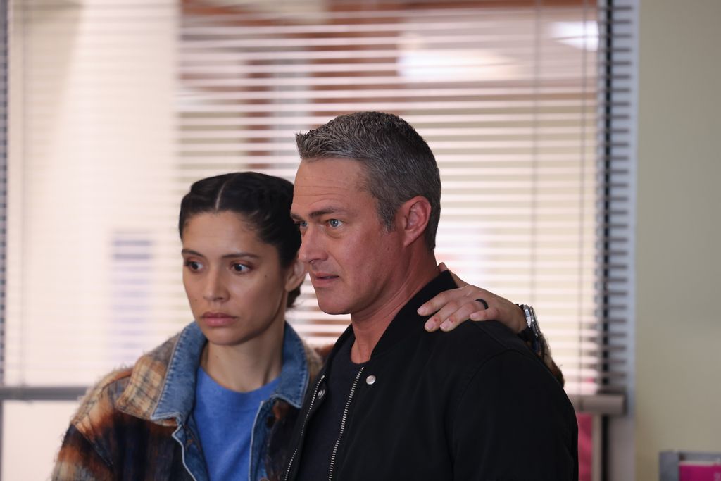 Miranda Rae Mayo as Stella Kidd, Taylor Kinney as Kelly Severide on Chicago Fire season 13