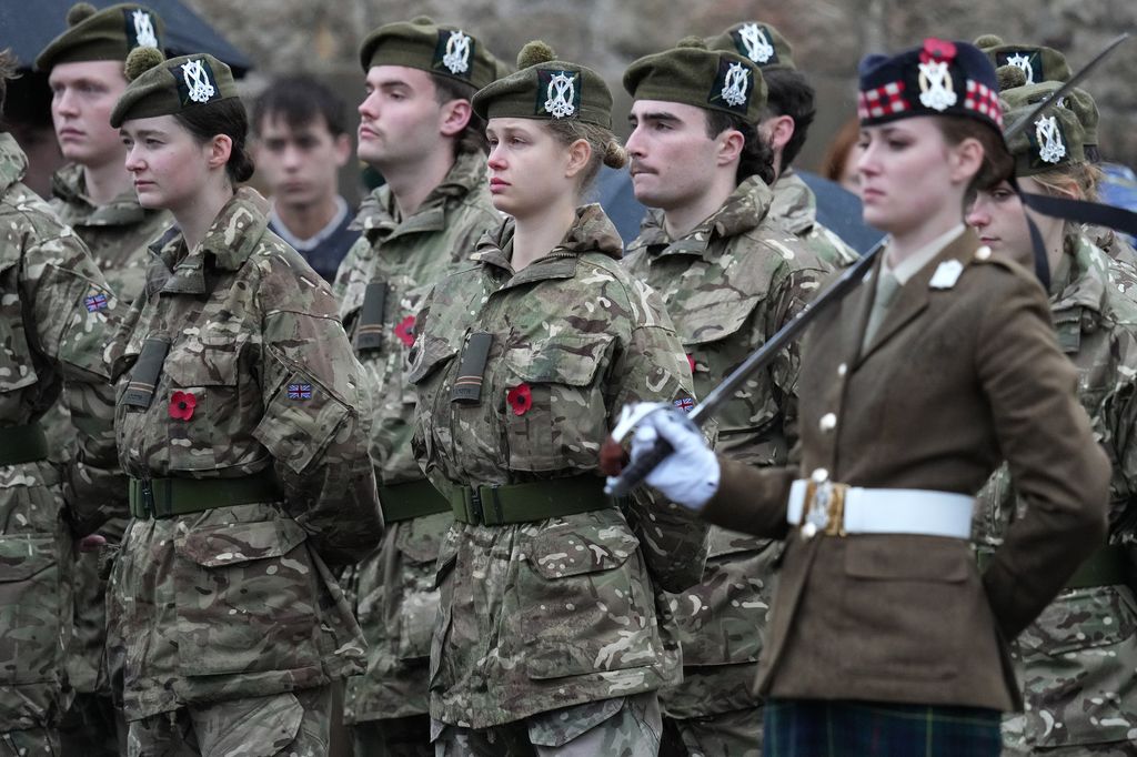 *Lady Louise Windsor marches with the A Squadron, Students of Tayforth UOTR from the University of St. Andrews, in the Remembrance Sunday Parade at St Andrews on the 9th November, 2025.