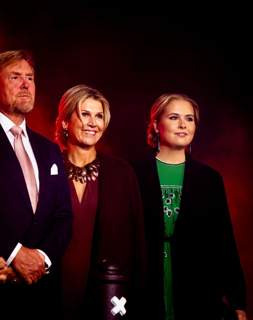 AMSTERDAM, NETHERLANDS - OCTOBER 27: King Willem-Alexander of The Netherlands, Queen Maxima of The Netherlands and Princess Amalia of The Netherlands attend the concert to celebrate the 750th year of official existence at the Museumplein on October 27, 2025 in Amsterdam, Netherlands. (Photo by Patrick van Katwijk/Getty Images)