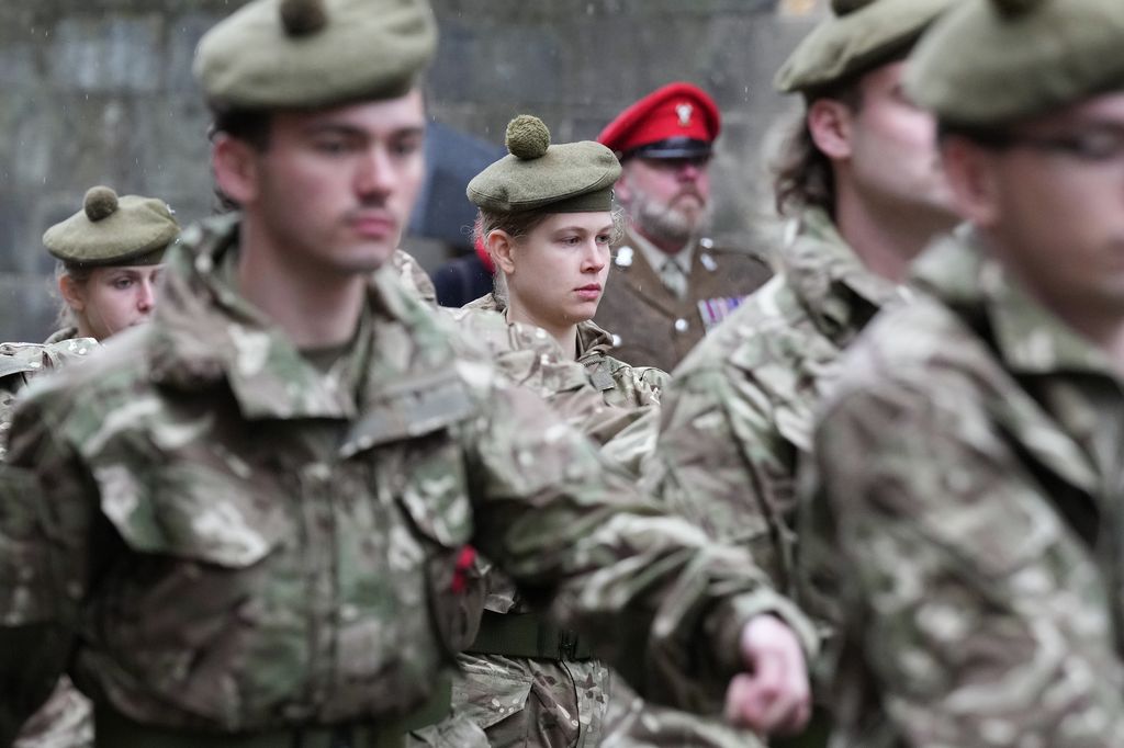 Lady Louise Windsor marches with the A Squadron, Students of Tayforth UOTR from the University of St. Andrews, in the Remembrance Sunday Parade at St Andrews on the 9th November, 2025.