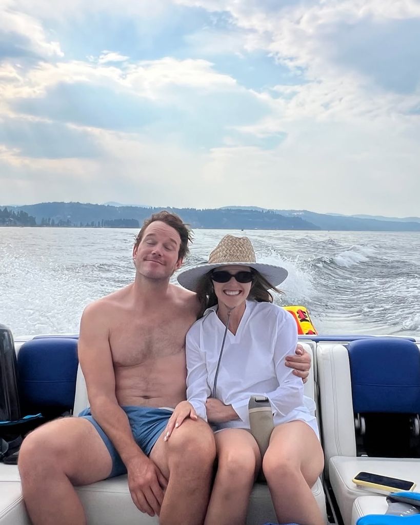Katherine Schwarzenegger and Chris Pratt pose for a photo on the family's boat while out on the lake, shared on Instagram