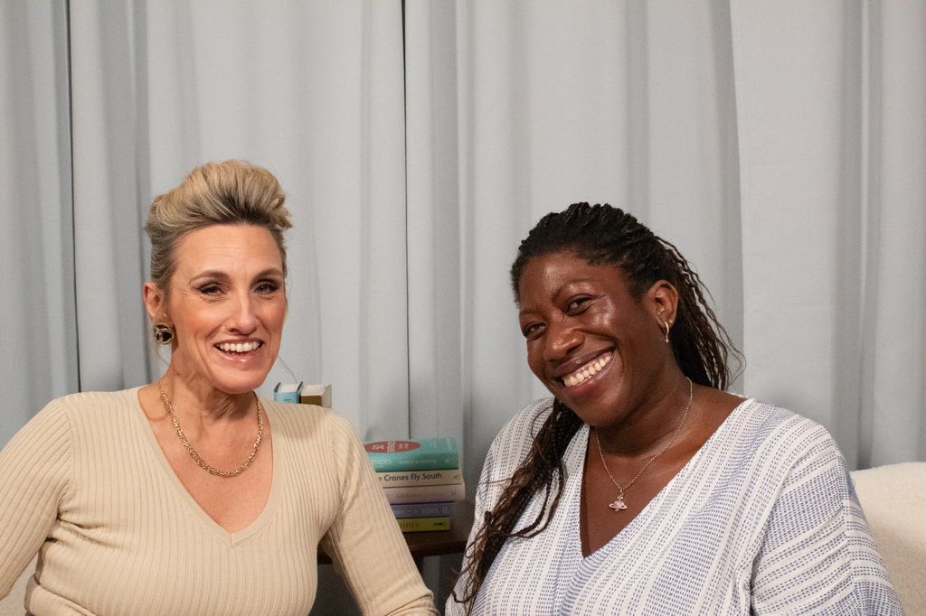 Ateh Jewel and Grace Dent smiling in HELLO!'s podcast studio