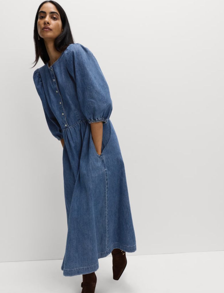 M&S Collection Pure Cotton Denim Midi Waisted Dress