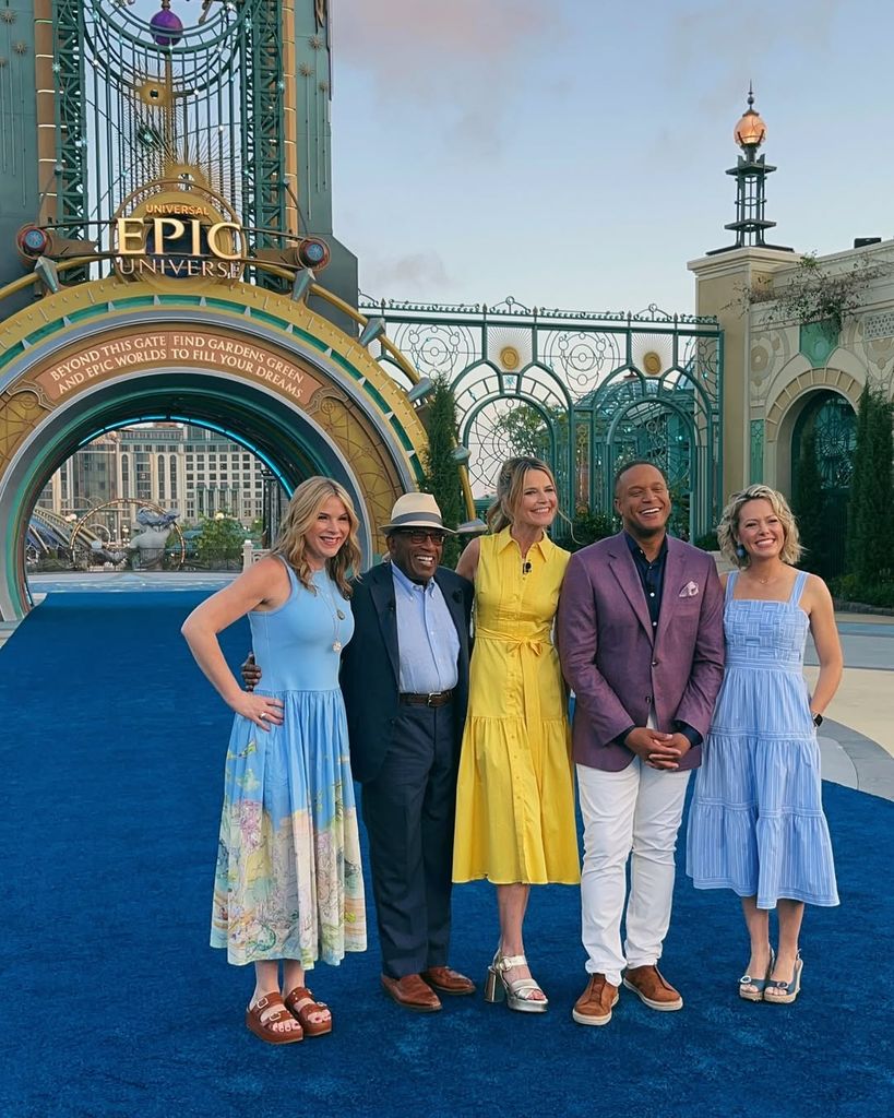 Dylan Dreyer, Al Roker, Savannah Guthrie, Jenna Bush Hager and Craig Melvin pose for a photo at Universal in Orlando while filming TODAY, shared on Instagram